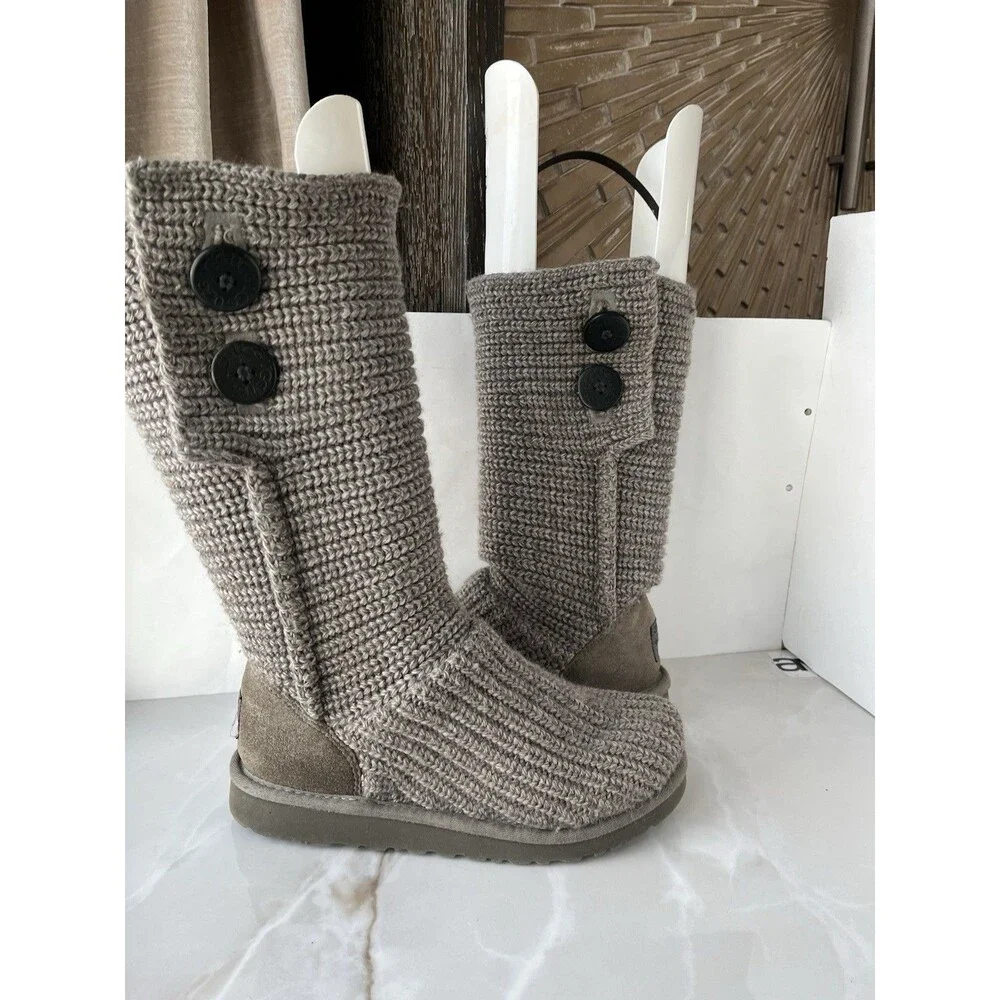 UGG Youth Junior Girls CARDY Black 5649 Short Tall Gray Knit Wool Fur Sz 5